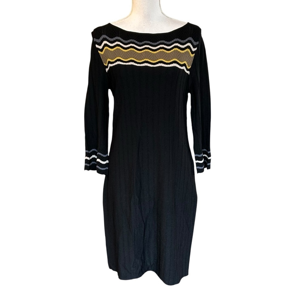 NEW Nine West Long Sleeve Pointelle Chevron Sweater Dress SZ Large Black Combo